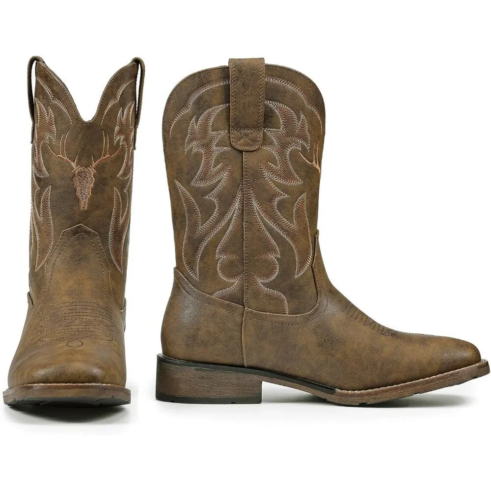 Men's Brown Western Boots Slip Resistant Country Boot Retro Classic Embroidered